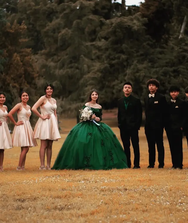 Quinceañera court of honor lined up in a golden field
